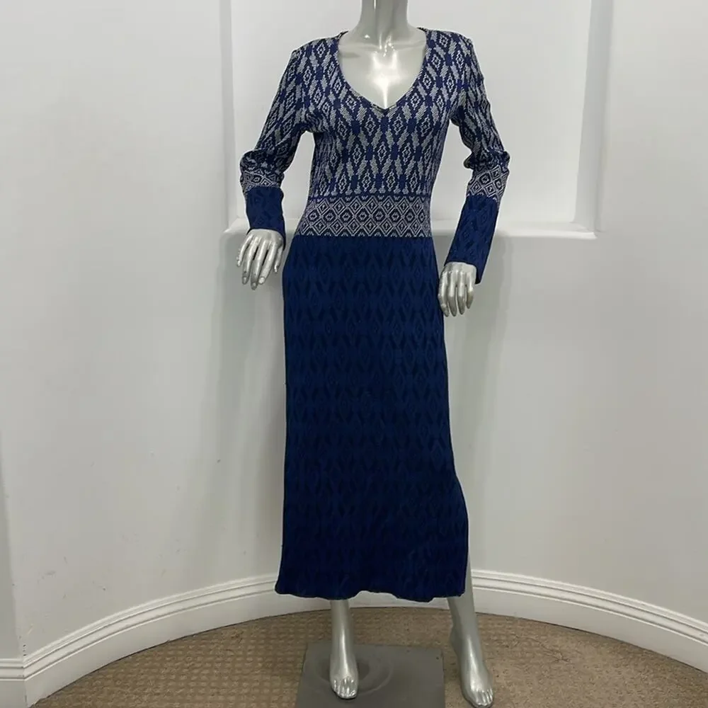 St. John Evening Diamond Jacquard Knit Maxi Dress Navy Blue Silver Long Sleeve 4 - Picture 14 of 14